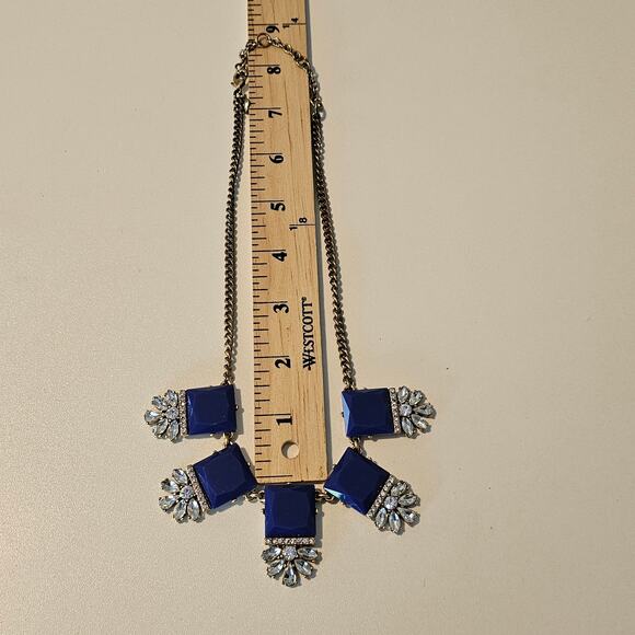 J Crew Art Deco Blue Square & Crystal Statement Necklace on Gold Chain - Picture 7 of 7